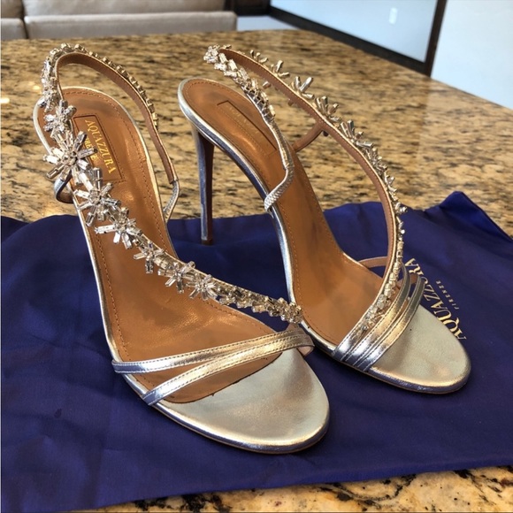 Aquazzura Shoes - Aquazurra Chateau 105 Crystal Embellished Silver Sandal Stiletto